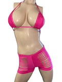 Hot Pink Slashed Shorts with Matching Rhinestone Trim Triangle Top