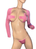 Pink Exotic Dance Sleeve Top Set with Cross-Cut Bikini Top & Thong