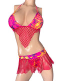 Exotic red Net skirt top and thong