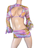 Exotic colorful Mesh arm cover top thong and skirt