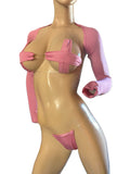 Pink Exotic Dance Sleeve Top Set with Cross-Cut Bikini Top & Thong