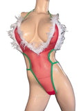 Exotic Dancer Red Mesh Santa Bodysuit – Handmade in USA