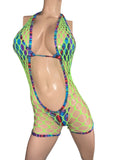 Exotic Neon Green Net Romper with top and thong