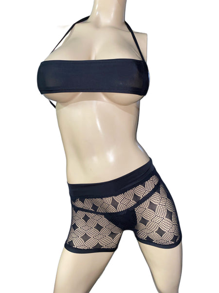 Exotic Dancer Black Net Short Top and Thong