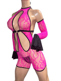 Hot pink Net Romper with gloves and thong