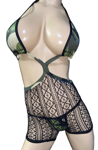 Exotic Dancer Camouflage and Net Romper with thong