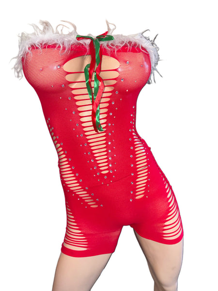 Exotic Dancer Red Velvet Santa Bodysuit – Handmade in USA