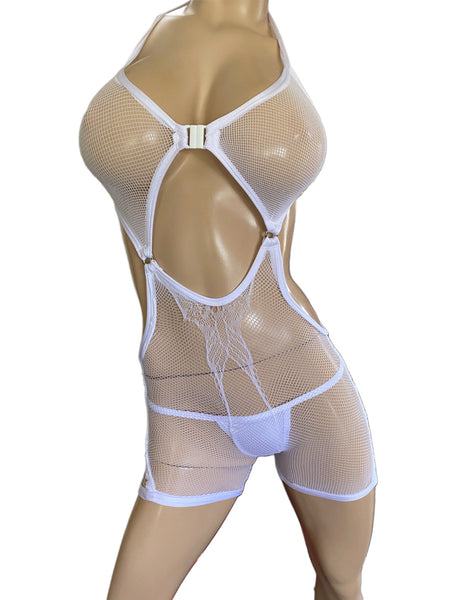Exotic Dancer white Net Romper with Thong