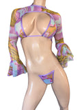 Exotic colorful Mesh arm cover top thong and skirt