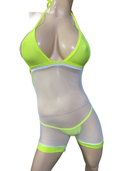 Exotic Dancer neon and White Romper with thong
